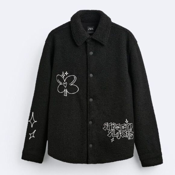 Zara Black Embroidered Faux Shearling Streetwear Utility Overshirt Size L/XL - Picture 5 of 16